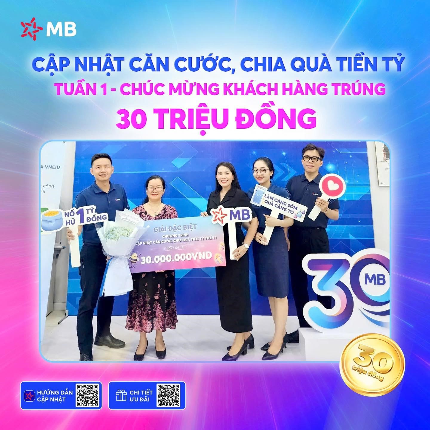 Kh&aacute;ch h&agrave;ng Trần Thanh Tuyền tr&uacute;ng giải 30 triệu đồng sau khi cập nhật căn cước tr&ecirc;n App MBBank từ 25/11 - 1/12.