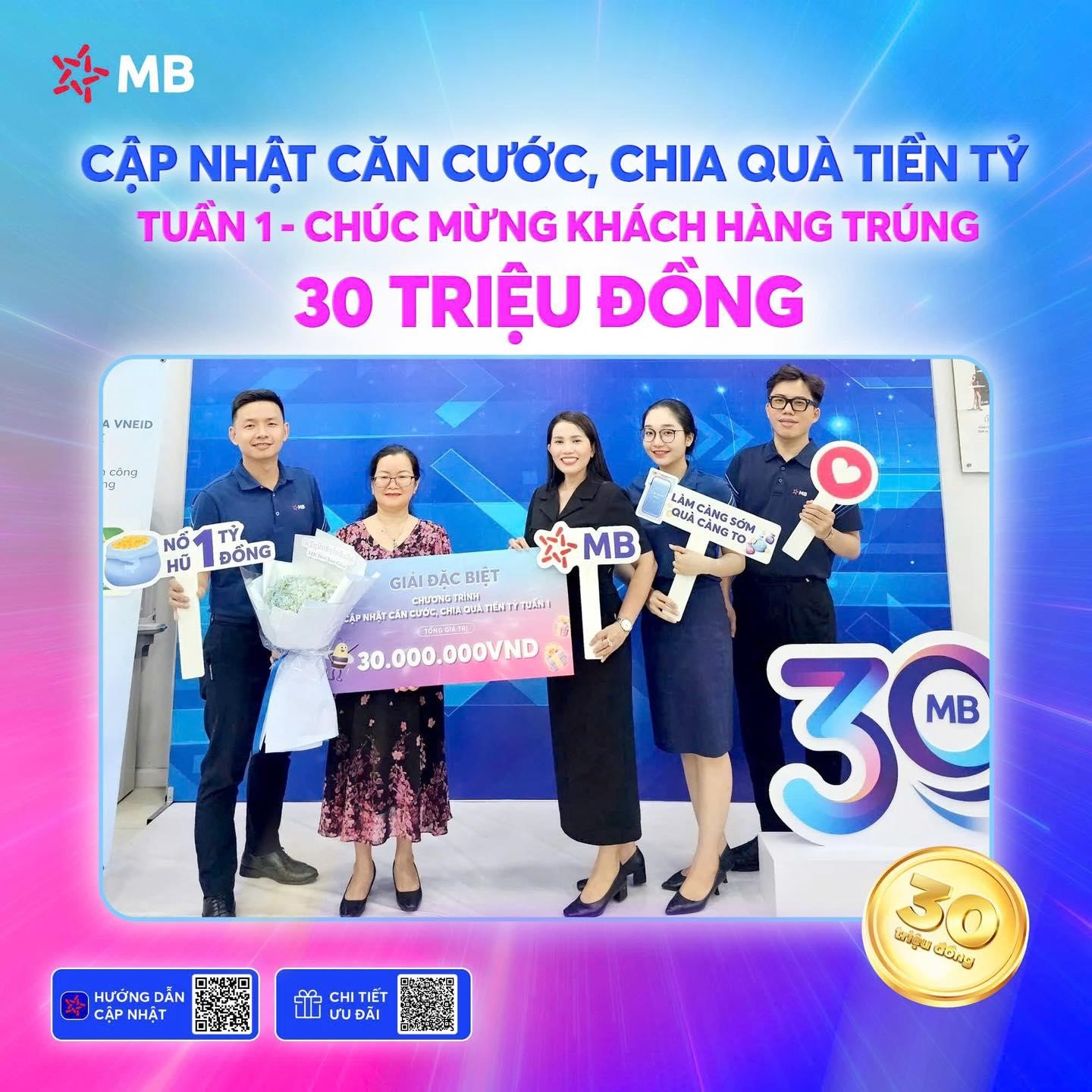 Khách hàng Trần Thanh Tuyền trúng giải 30 triệu đồng sau khi cập nhật căn cước trên App MBBank từ 25/11 - 1/12.