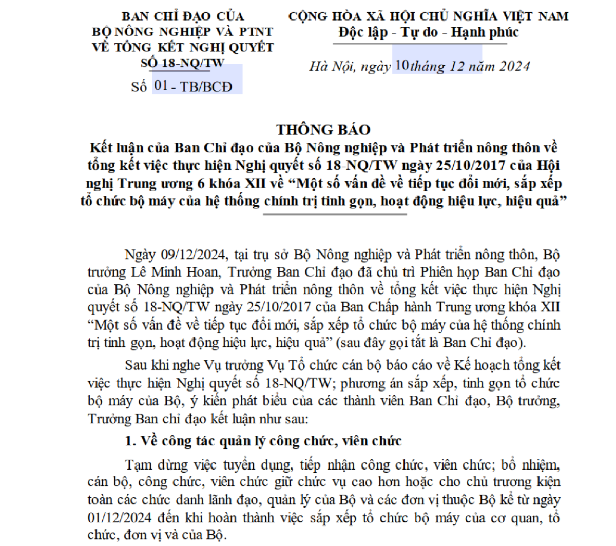 Thông báo của Bộ Nông nghiệp và Phát triển nông thôn.