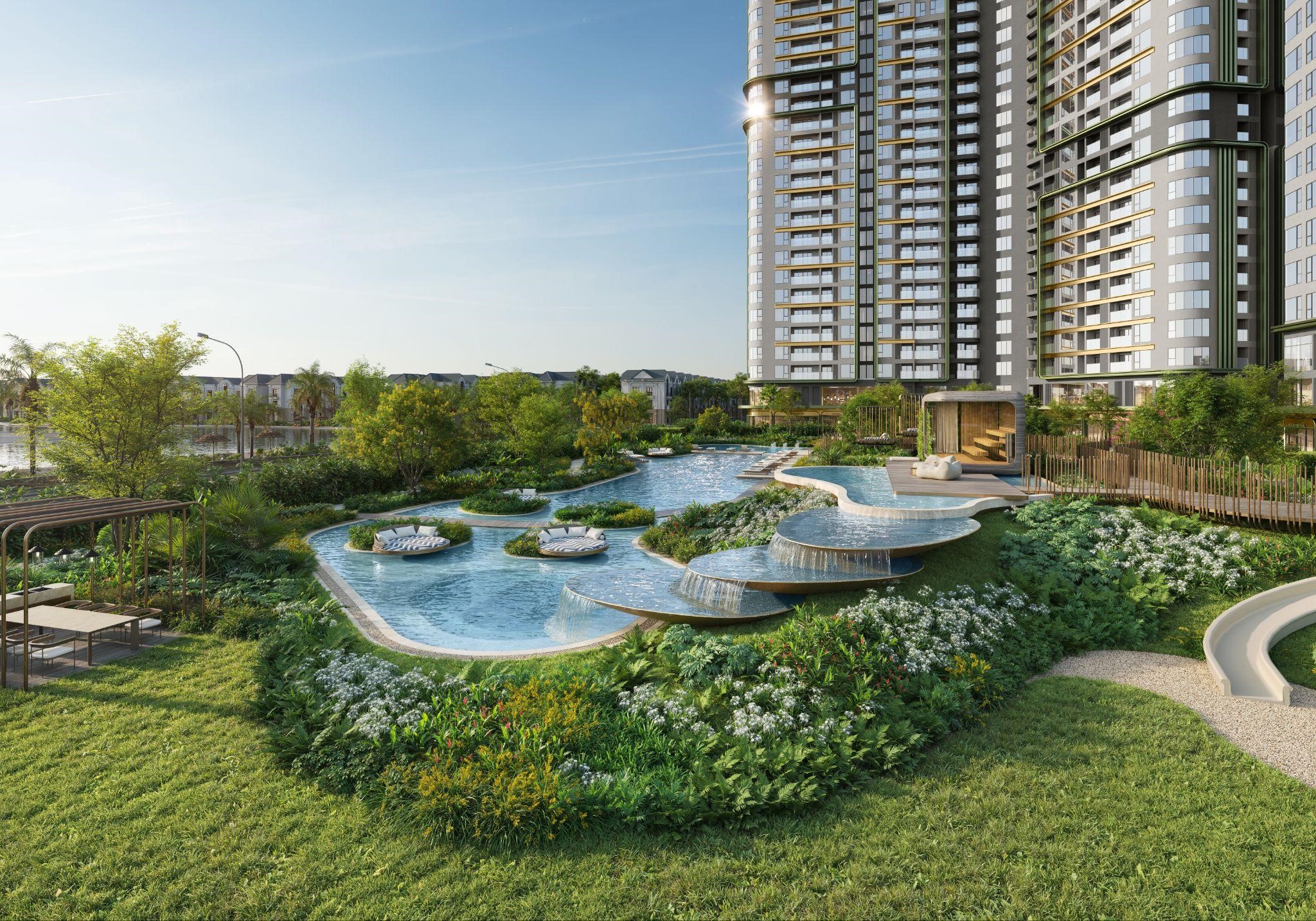 Hệ thống bể bơi ngoài trời rộng hơn 900m2 với thác nước 3 tầng cùng khu vực xông hơi và sauna độc đáo tại Wellness Zone.