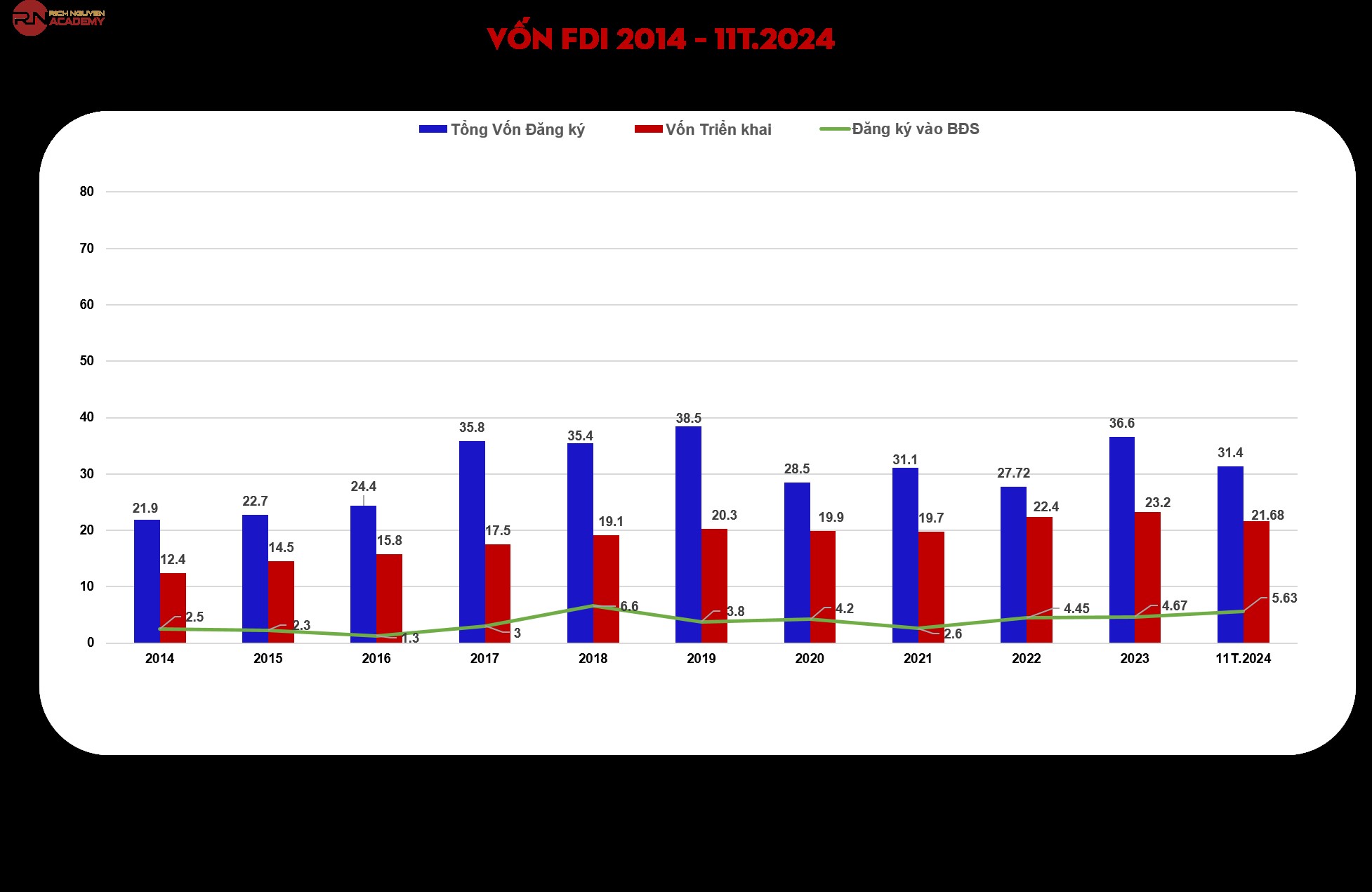 FDI v&agrave;o bất động sản 11 th&aacute;ng 2024 tăng trưởng ấn tượng (Nguồn: Rich Nguyen Academy).