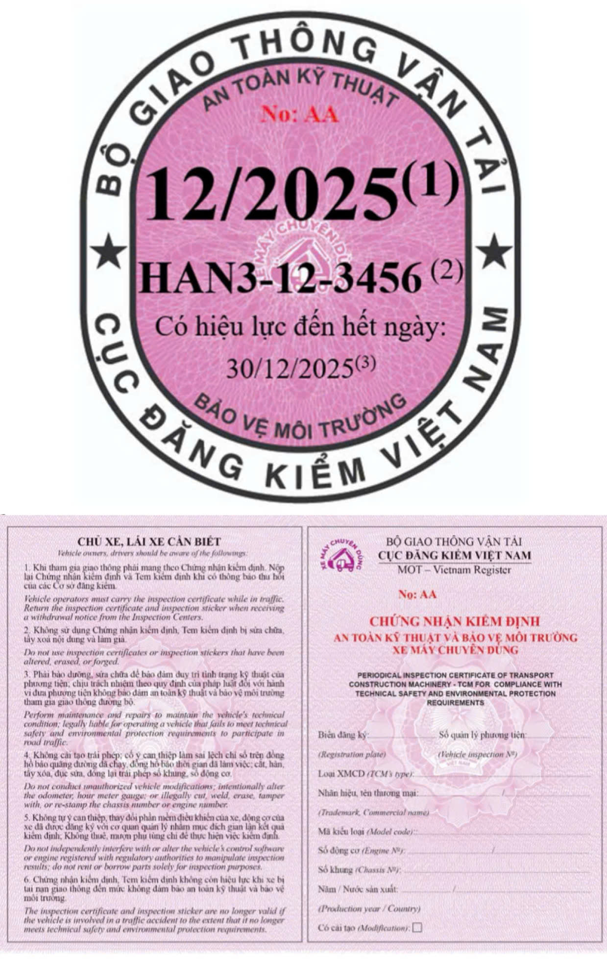 Giấy chứng nhận kiểm định và tem kiểm định màu tím hồng dùng cho xe máy chuyên dùng.