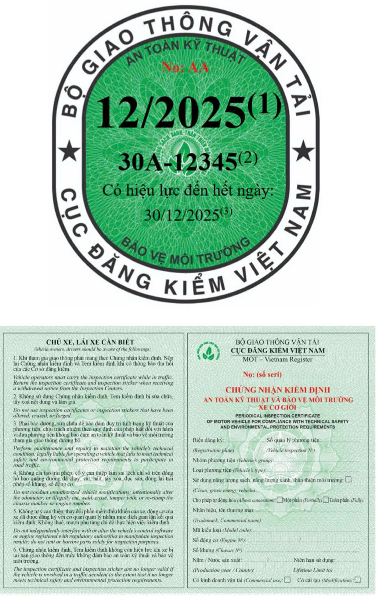 Giấy chứng nhận kiểm định v&agrave; tem kiểm định m&agrave;u xanh l&aacute; d&agrave;nh cho c&aacute;c loại xe sử dụng năng lượng sạch, năng lượng xanh th&acirc;n thiện với m&ocirc;i trường.