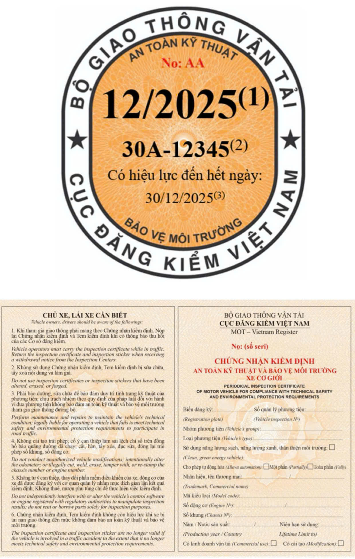 Giấy chứng nhận kiểm định v&agrave; tem kiểm định m&agrave;u v&agrave;ng cam d&ugrave;ng cho c&aacute;c xe cơ giới kh&aacute;c.