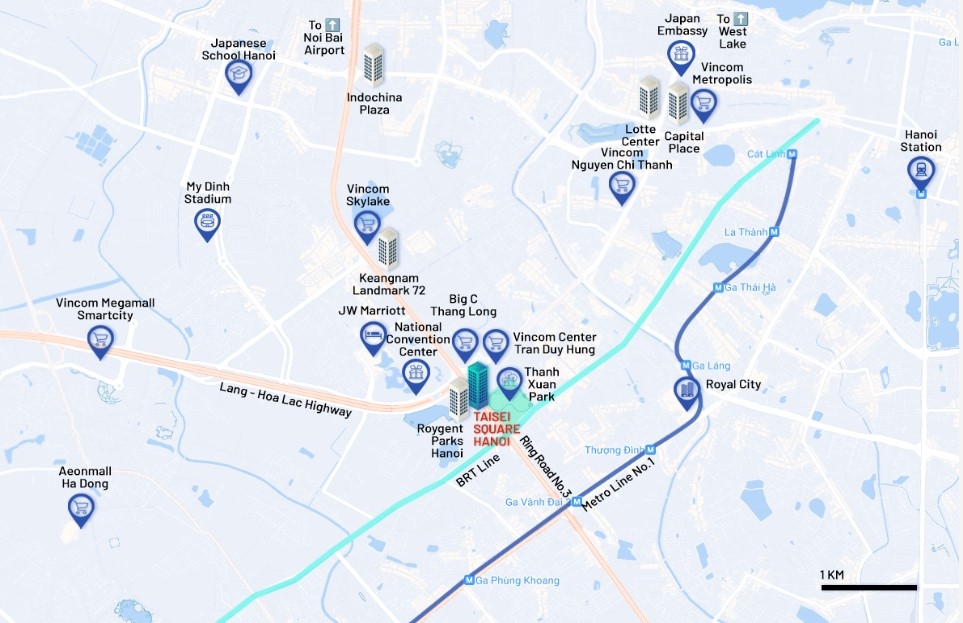Vị tr&iacute; của dự &aacute;n với c&aacute;c t&ograve;a th&aacute;p văn ph&ograve;ng xung quanh. Nguồn ảnh: Taisei Square Hanoi.