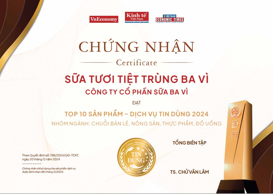 Chứng nhận Top 10 Sản phẩm - Dịch vụ Tin dùng 2024 nhóm ngành: Chuỗi bán lẻ, nông sản, thực phẩm, đồ uống.