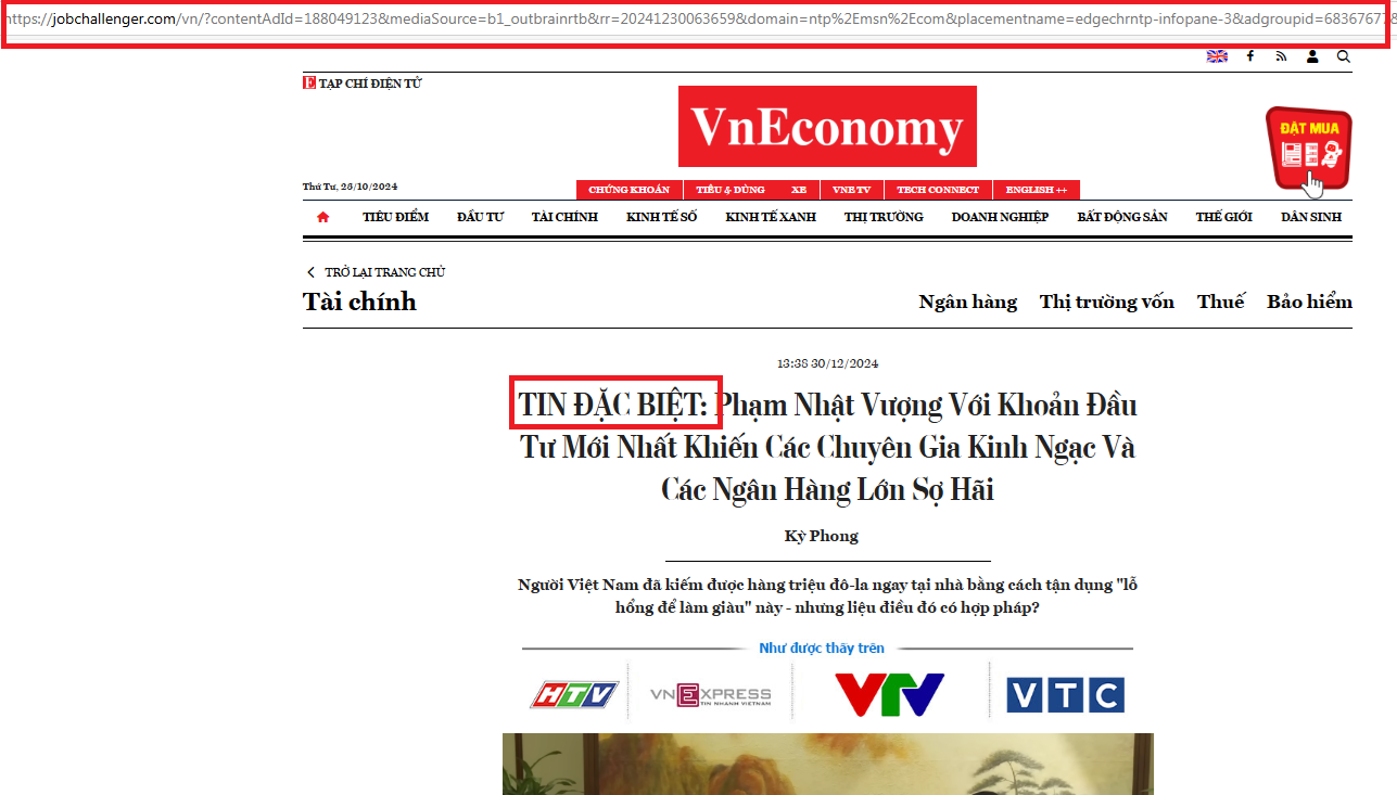 T&ecirc;n miền quốc tế&nbsp;jobchallenger.com giả mạo giao diện Tạp ch&iacute; VnEconomy v&agrave; đăng tin k&ecirc;u gọi đầu tư tiền số lừa đảo 