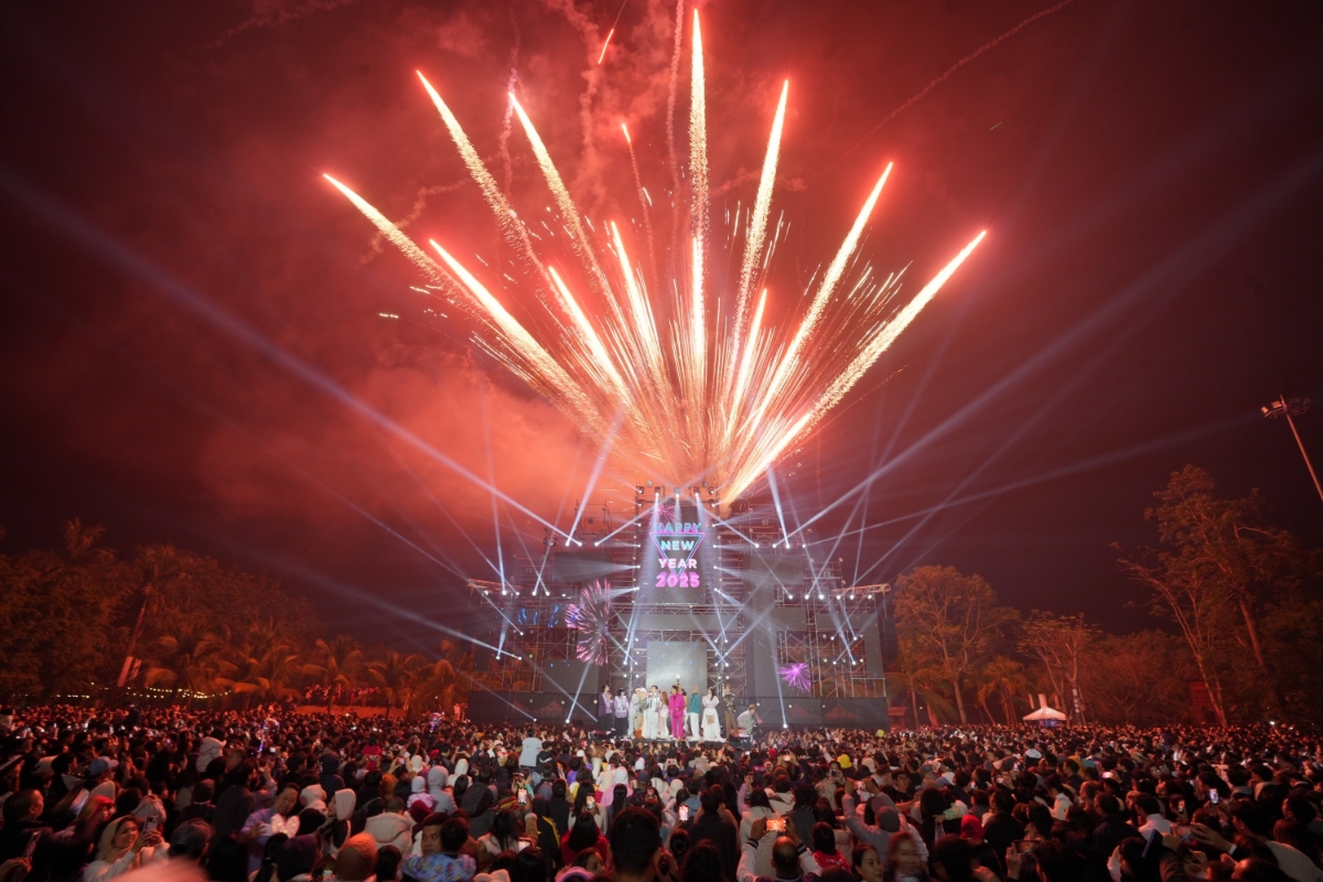 Pháo hoa bay trên bầu trời Ecopark.