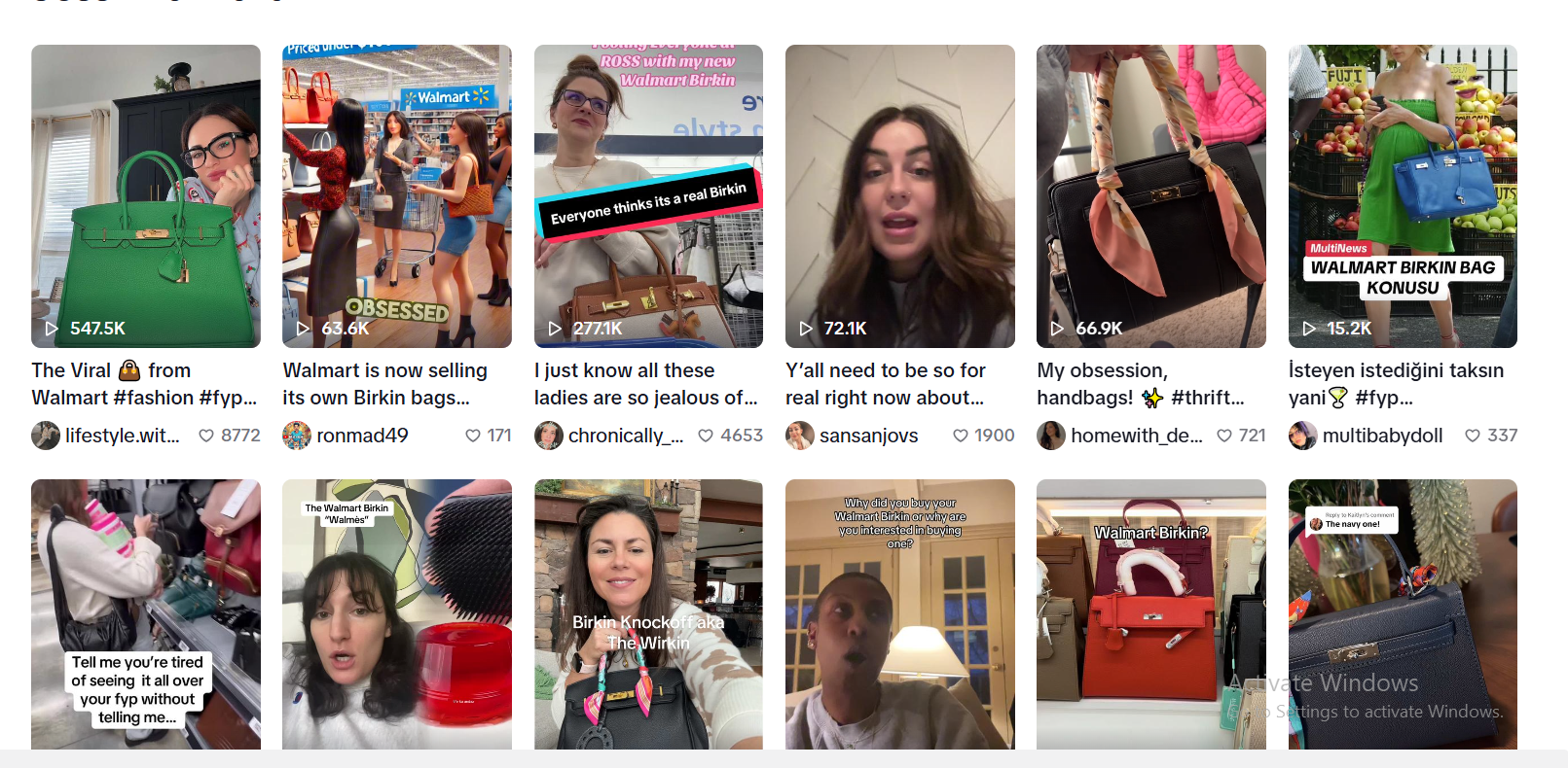 Hashtag "#walmartbirkin" cho ra một loạt clip giới thiệu về mẫu túi giá rẻ trên TikTok.