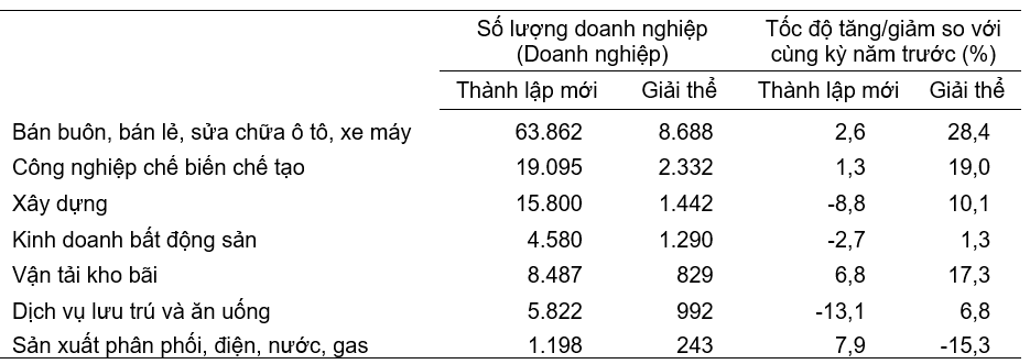 Doanh nghiệp thành lập mới và giải thể năm 2024 phân theo một số lĩnh vực hoạt động.