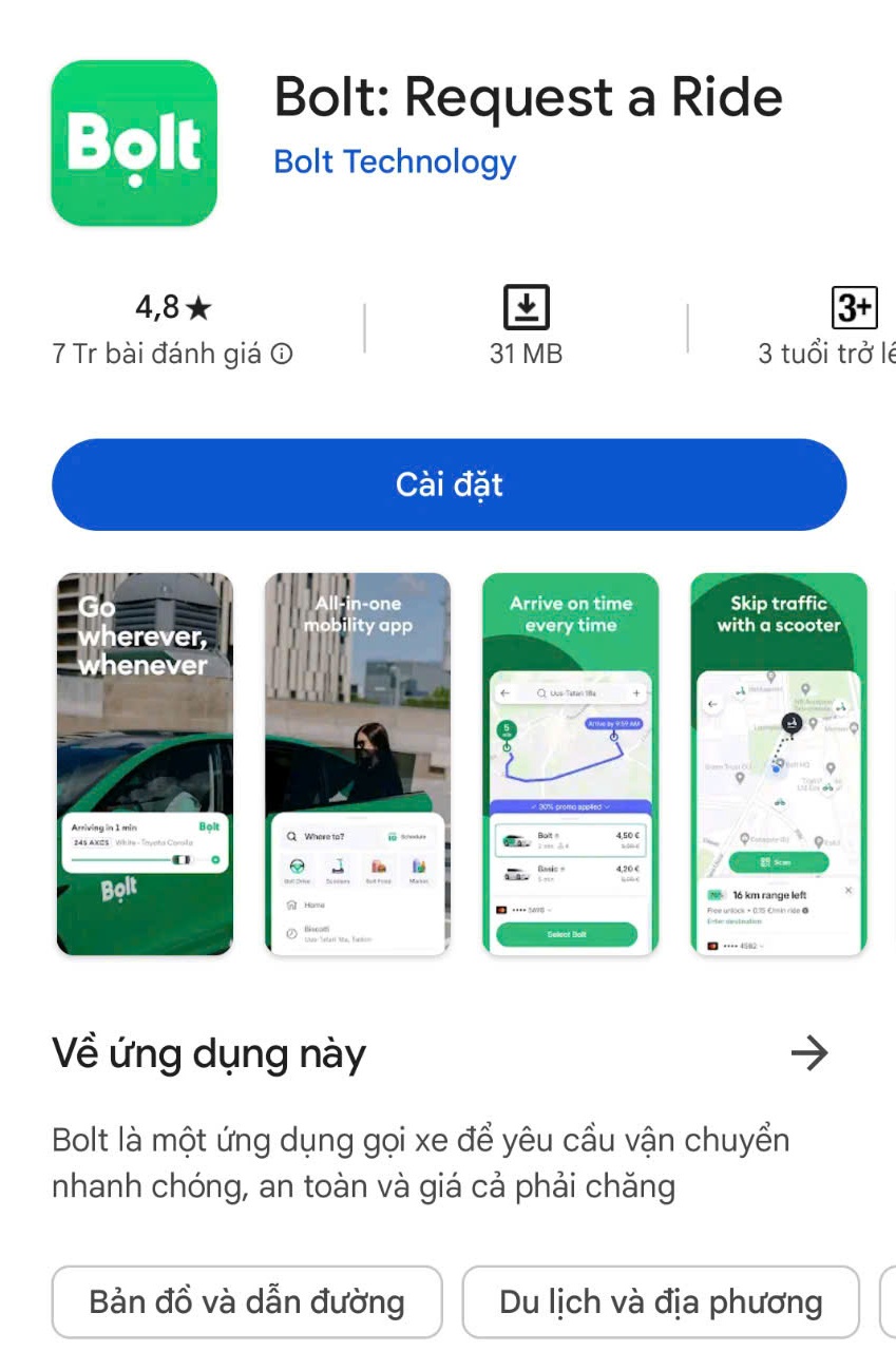 Ứng dụng Bolt tr&ecirc;n Goolge Play với c&aacute;c th&ocirc;ng tin bằng tiếng Việt. Phần b&igrave;nh luận về ứng dụng cũng đ&atilde; c&oacute; một số đ&aacute;nh gi&aacute; được viết bằng tiếng Việt. Ảnh chụp m&agrave;n h&igrave;nh