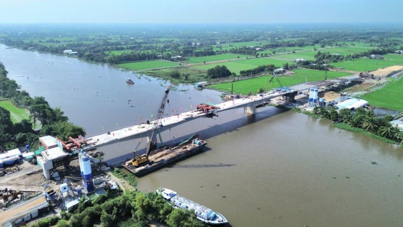 Two sections of a new bridge in Mekong Delta connected