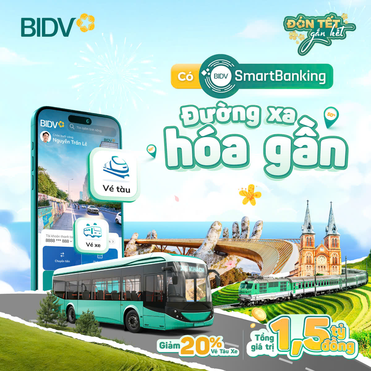 Di chuyển tiết kiệm, giảm ngay 20% v&eacute; t&agrave;u - xe tr&ecirc;n BIDV SmartBanking.