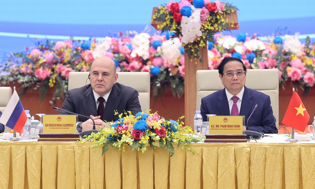 Thủ tướng Phạm Minh Chính và Thủ tướng Liên bang Nga Mikhail Mishustin đồng chủ trì Đối thoại Doanh nghiệp cấp cao Việt Nam - Liên bang Nga - Ảnh: VGP