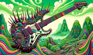 Hình ảnh cây đàn guitar điện tử gai nhọn trên nền màu xanh lá cây do AI tạo ra