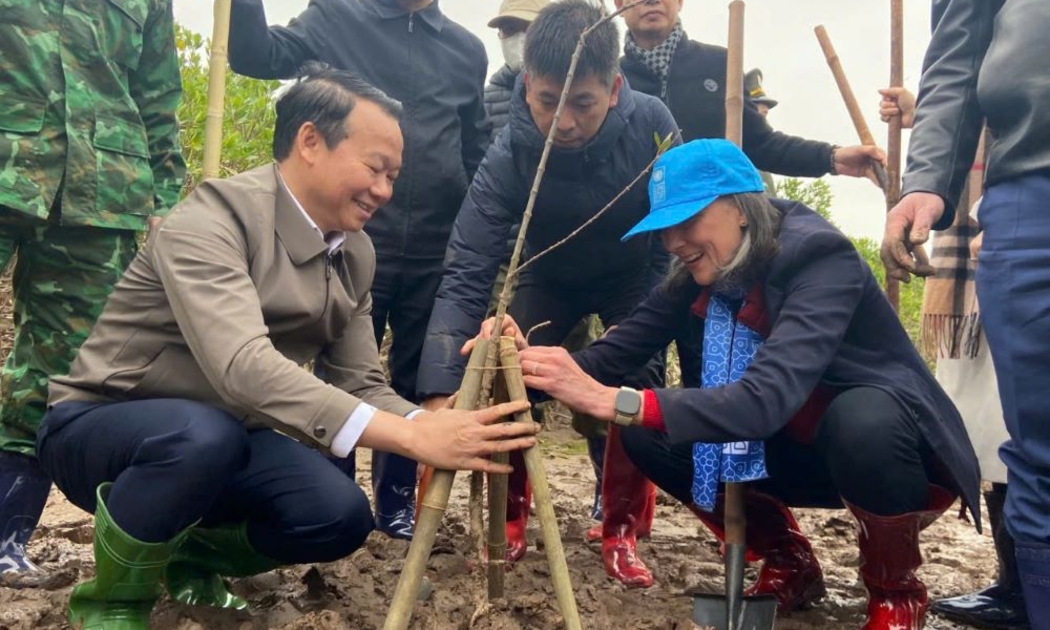 Ông Đỗ Đức Duy (bên trái) và bà Ramla Khalidi (bên phải) trồng cây tại Thái Thuỵ, ngày 4/2/2025.