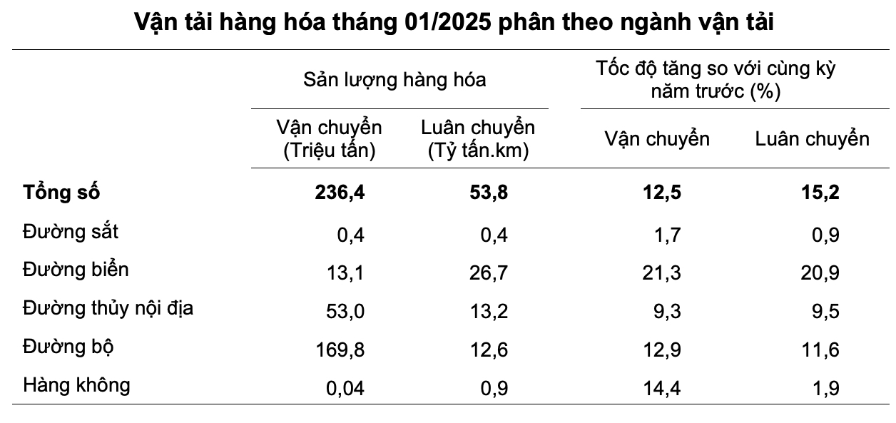 Tình hình vận tải hàng hoá tháng 1/2025. Nguồn: Tổng cục Thống kê.