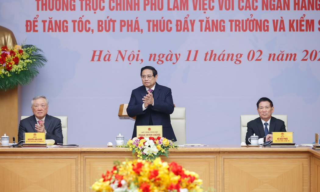 Lãnh đạo Chính phủ chủ trì hội nghị với các ngân hàng thương mại sáng 11/2/2025 (Ảnh: VGP/Nhật Bắc).