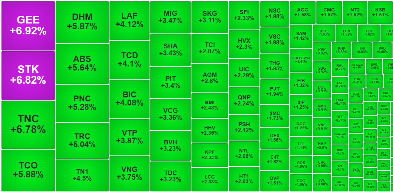 Nh&oacute;m cổ phiếu tăng gi&aacute; mạnh nhất thị trường h&ocirc;m nay to&agrave;n c&aacute;c m&atilde; vừa v&agrave; nhỏ.