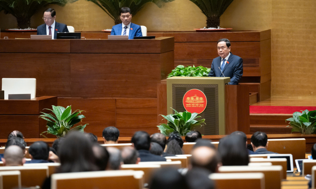 Chủ tịch Quốc hội Trần Thanh Mẫn phát biểu bế mạc Kỳ họp bất thường lần thứ 9, Quốc hội khóa XV sáng ngày 19/2 - Ảnh: Quochoi.vn