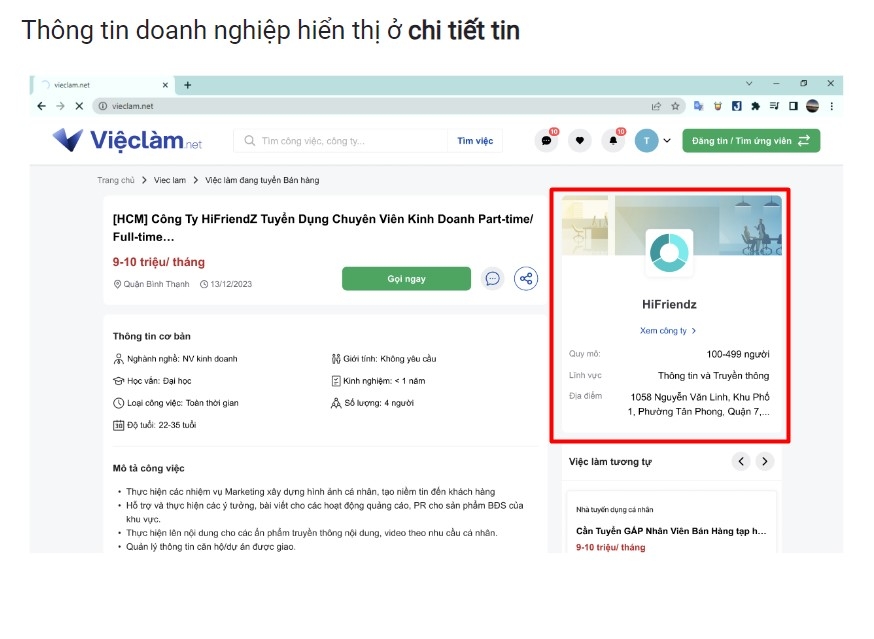 Giao diện đối t&aacute;c của doanh nghiệp tr&ecirc;n Vieclam.net (h&igrave;nh minh họa).