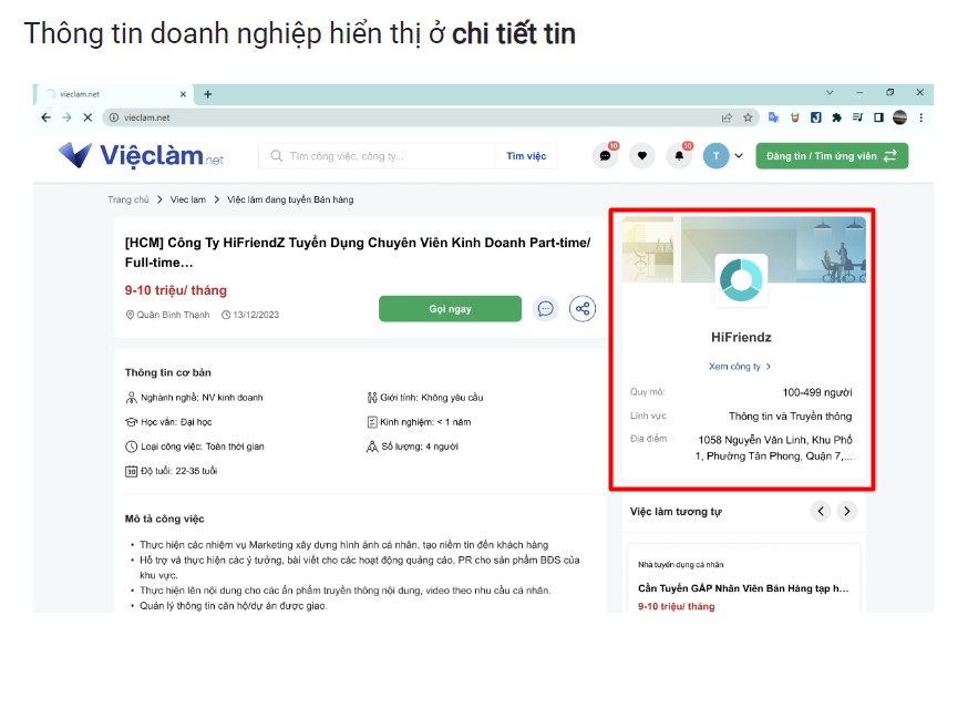 Giao diện đối tác của doanh nghiệp trên Vieclam.net (hình minh họa).