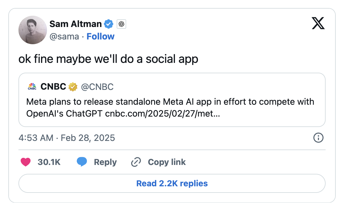 Lời đáp trả đầy ẩn ý của CEO Sam Altman dành cho Meta. 