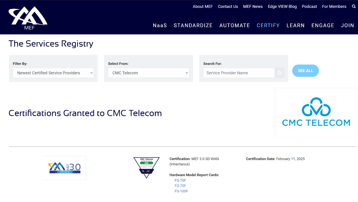 Chứng chỉ MEF SASE SD-WAN 3.0 của CMC Telecom tr&ecirc;n website của MEF.