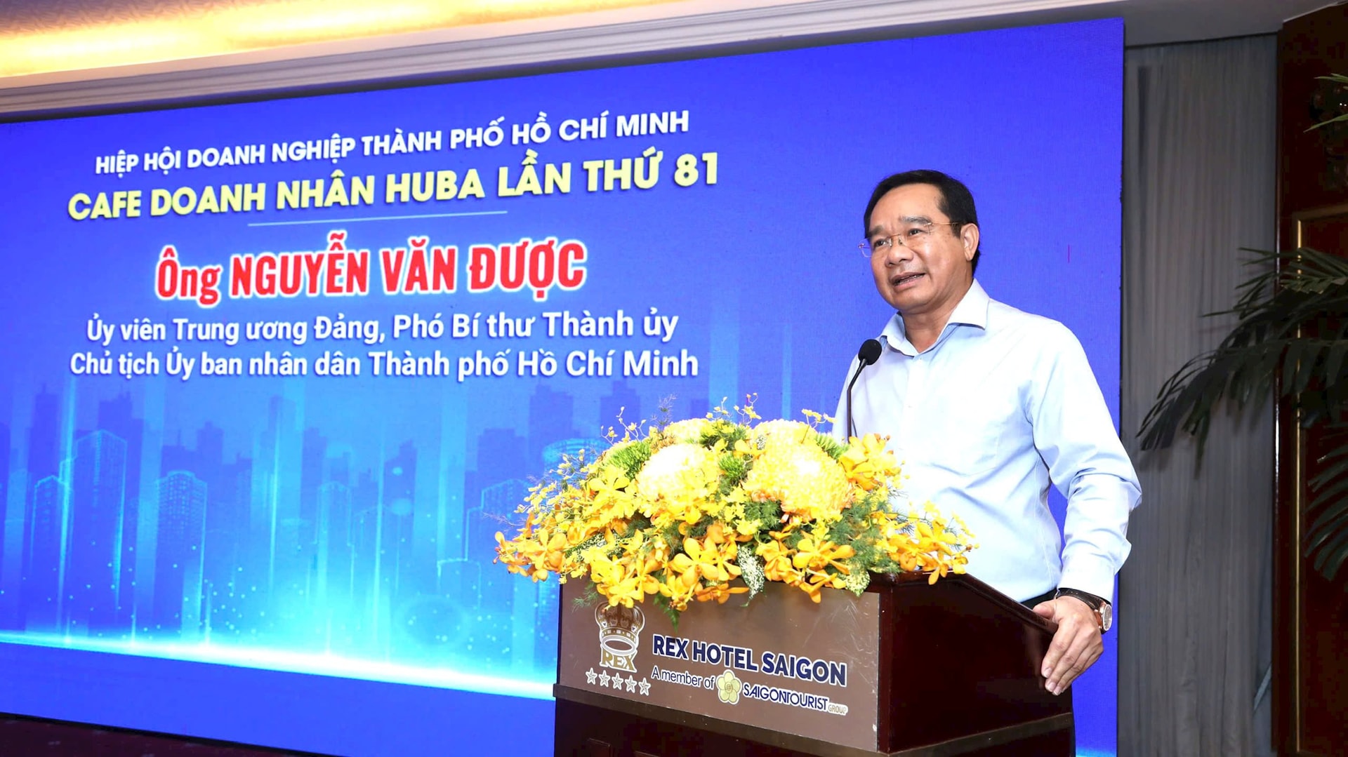 Chủ tịch Ủy ban nhân dân TP.HCM Nguyễn Văn Được phát biểu tại chương trình Cà phê Doanh nhân do Hiệp hội Doanh nghiệp TP.HCM (HUBA) tổ chức - Ảnh: Hoàng Chương.