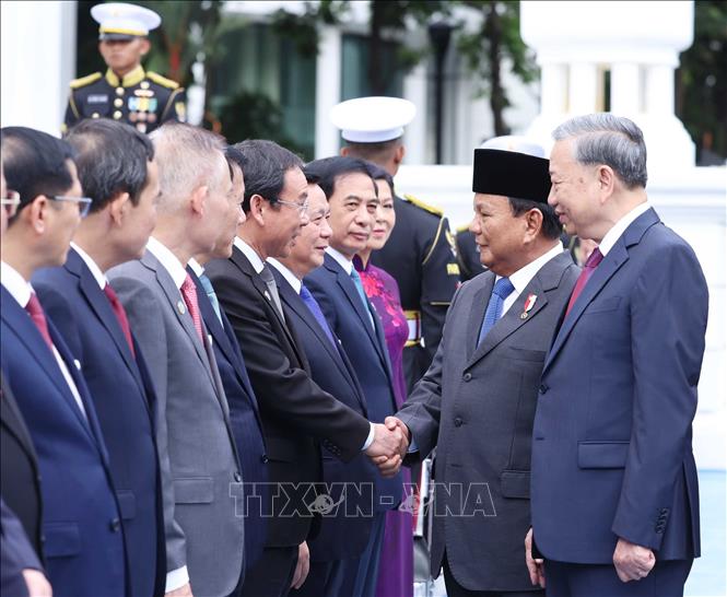 Tổng thống Prabowo Subianto chào mừng đoàn đại biểu cấp cao Việt Nam - Ảnh: TTXVN