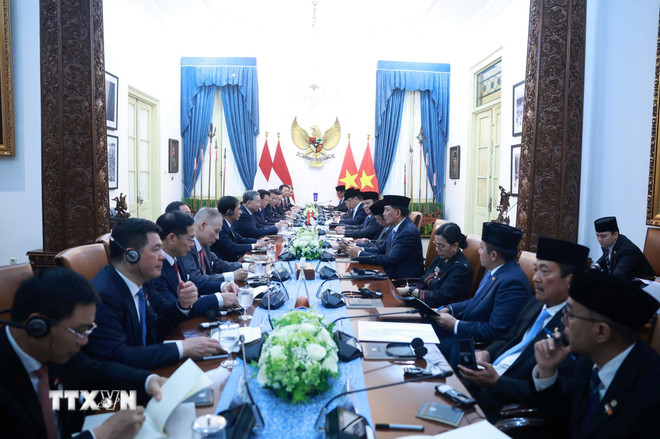 Tổng Bí thư Tô Lâm và Tổng thống Indonesia Prabowo Subianto hội đàm - Ảnh: TTXVN