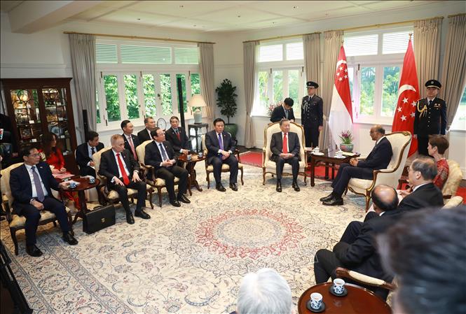 Tổng thống Singapore đề nghị hai b&ecirc;n tiếp tục ph&aacute;t huy c&aacute;c m&ocirc; h&igrave;nh hợp t&aacute;c điển h&igrave;nh, tận dụng hơn nữa cơ hội hợp t&aacute;c tr&ecirc;n c&aacute;c lĩnh vực mới như chuyển đổi số, thị trường t&iacute;n chỉ carbon; tăng cường hợp t&aacute;c năng lượng, kết nối mạng lưới điện, trong đ&oacute; c&oacute; mạng lưới điện ASEAN - Ảnh: TTXVN