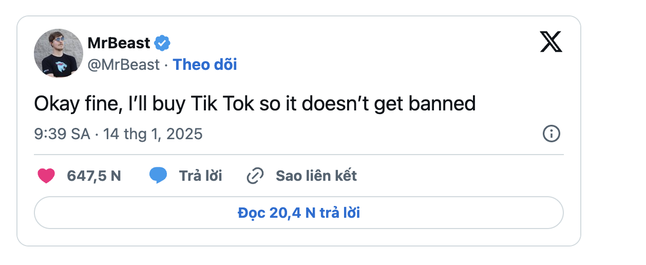 Dòng trạng thái của MrBeast. 