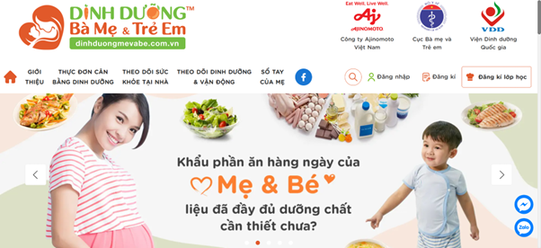 Giao diện Website Chương trình Dinh dưỡng Bà mẹ và Trẻ em.