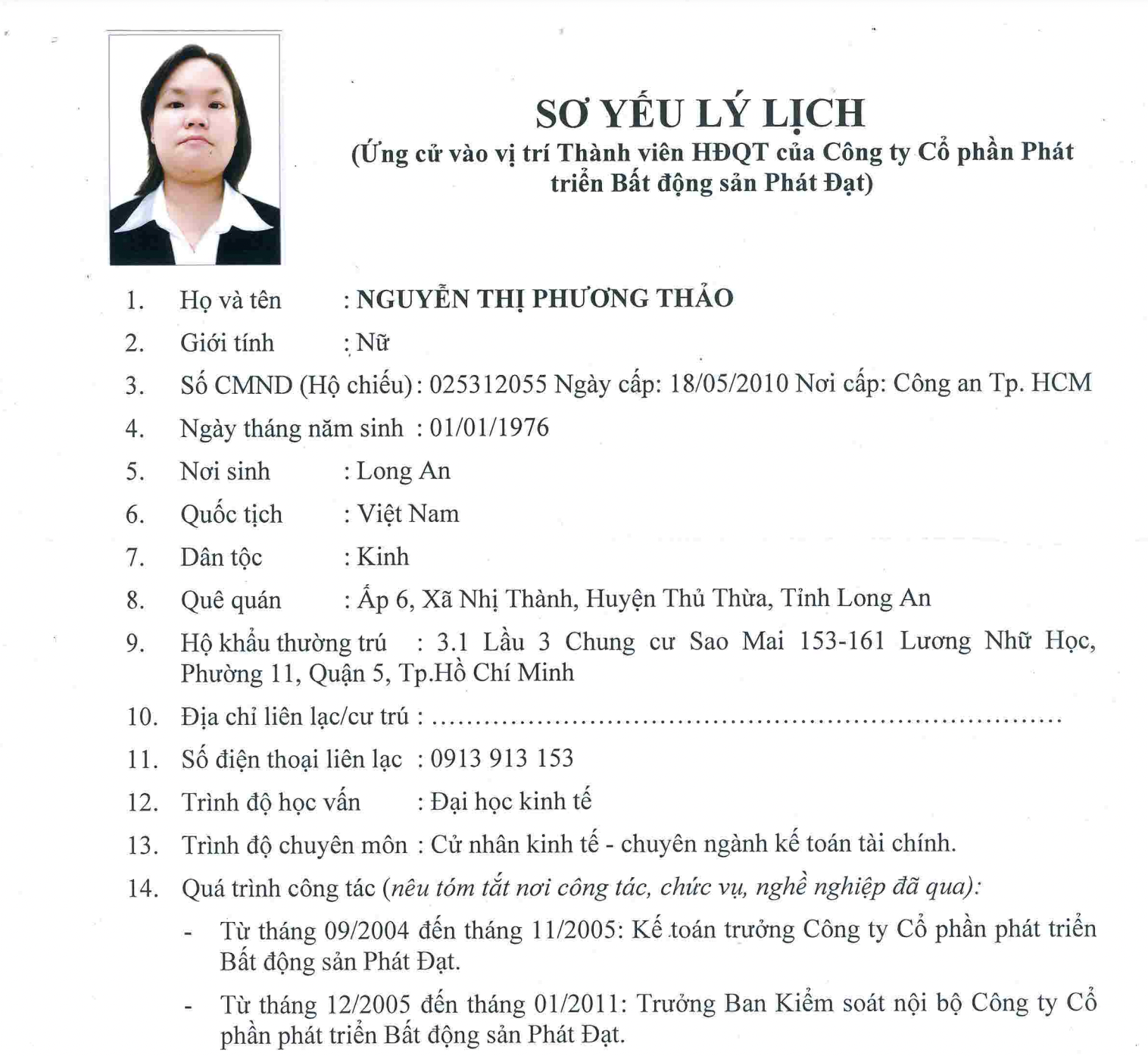 Sơ yếu lí lịch của bà Thảo khi đề cử vào Hội đồng quản trị Bất động sản Phát Đạt.