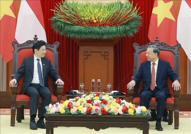 Tổng Bí thư Tô Lâm tiếp Thủ tướng Cộng hòa Singapore Lawrence Wong - Ảnh: TTXVN