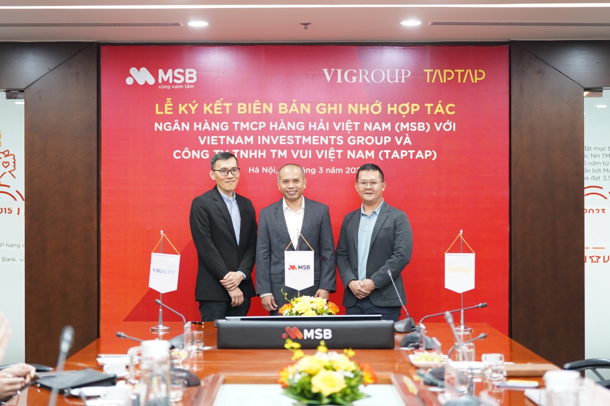 L&atilde;nh đạo của VIG, MSB v&agrave; TAPTAP c&ugrave;ng nhau đ&aacute;nh dấu cột mốc quan trọng, mở ra giai đoạn mới trong giai đoạn x&acirc;y dựng hệ sinh th&aacute;i t&agrave;i ch&iacute;nh - ti&ecirc;u d&ugrave;ng bền vững.