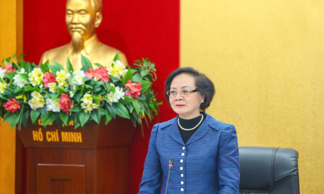  Bộ trưởng Bộ Nội vụ Phạm Thị Thanh Trà thông tin về việc sắp xếp đơn vị hành chính. Ảnh: MOHA.