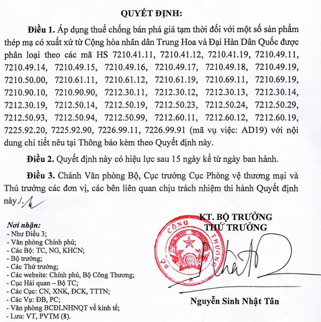 Các mã sản phẩm bị áp thuế chống bán phá giá tạm thời theo Quyết định 914/QĐ-BCT của Bộ Công Thương.