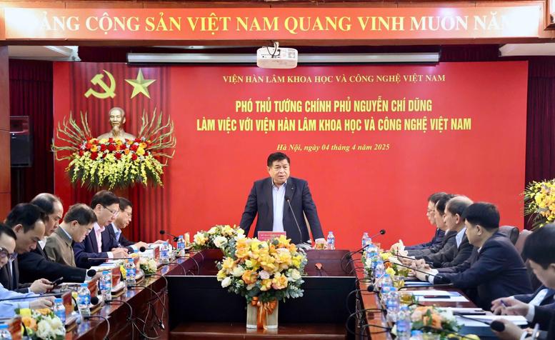 Deputy PM Nguyen Chi Dung speaks at the working session with the Vietnam Academy of Science and Technology. on April 4 (Photo: VGP)