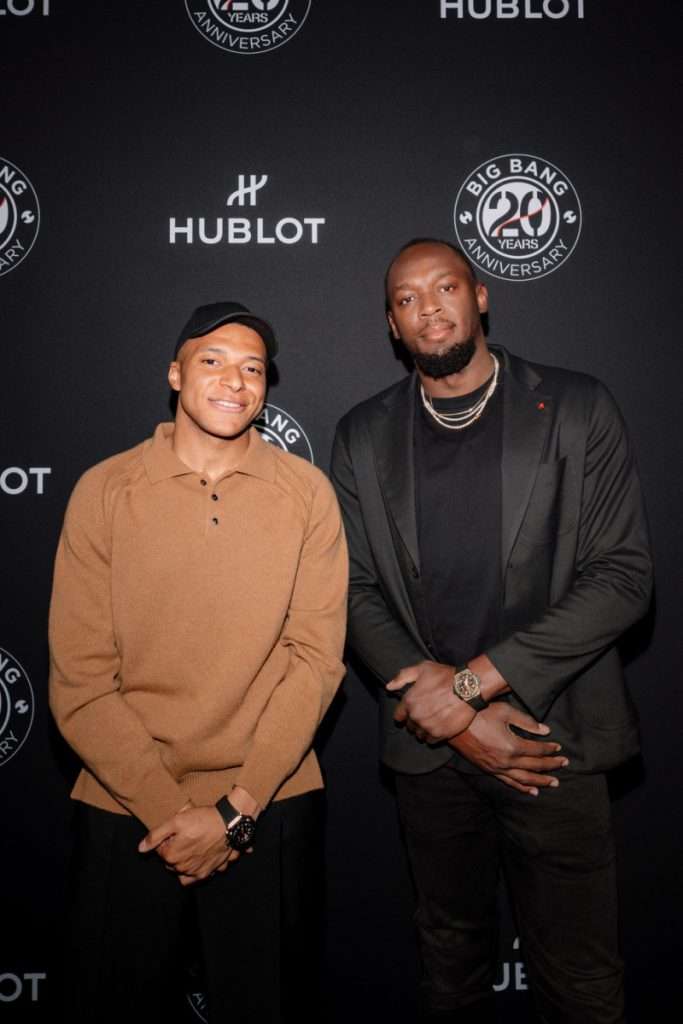 Kylian Mbappé và Usain Bolt tại sự kiện của Hublot tại Watches and Wonders 2025