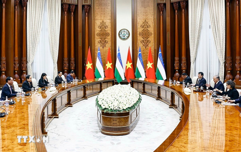Chủ tịch Quốc hội Trần Thanh Mẫn hội kiến Tổng thống Uzbekistan Shavkat Mirziyoyev - Ảnh: TTXVN