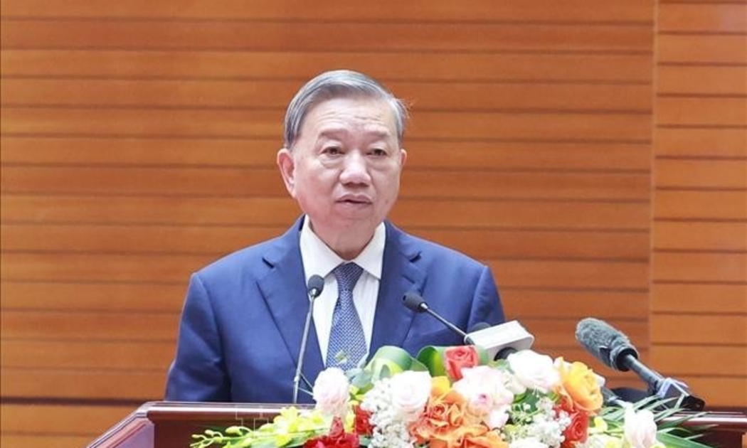 Tổng Bí thư Tô Lâm tại buổi gặp mặt đại diện cựu chiến binh, cựu TNXP, cựu dân quân tự vệ tham gia kháng chiến chống Mỹ. Ảnh: TTXVN