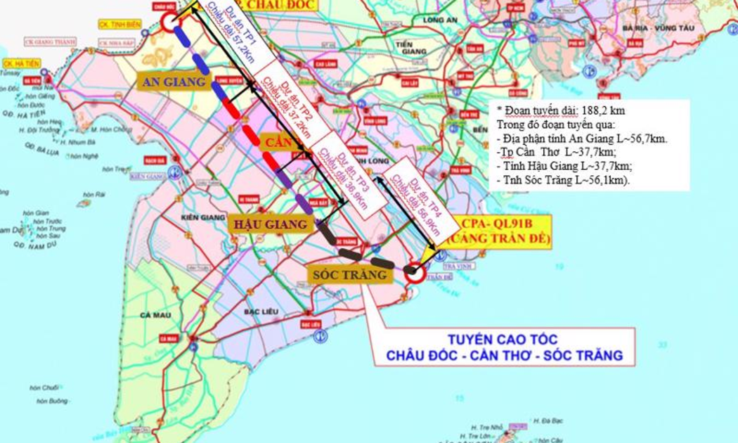 Dự án cao tốc Châu Đốc - Sóc Trăng - Cần Thơ có tổng chiều dài 188 km - Ảnh minh họa.