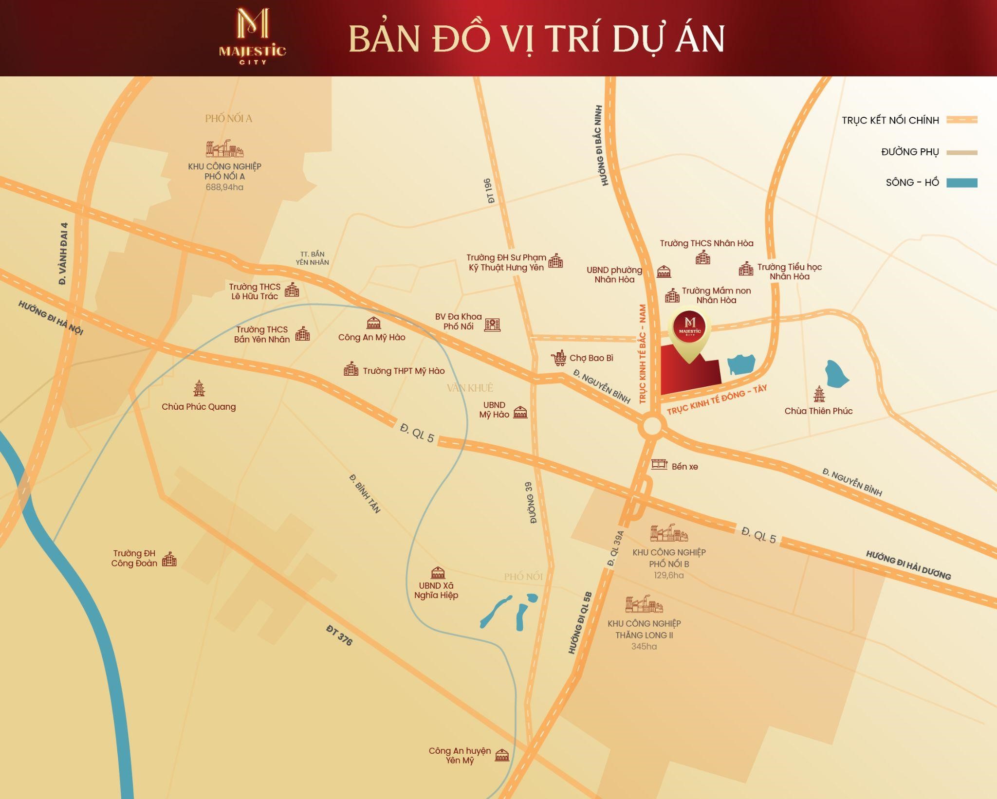 Majestic City nằm tại trung tâm Mỹ Hào, vị trí giao điểm chiến lược giữa các tuyến đường huyết mạch.