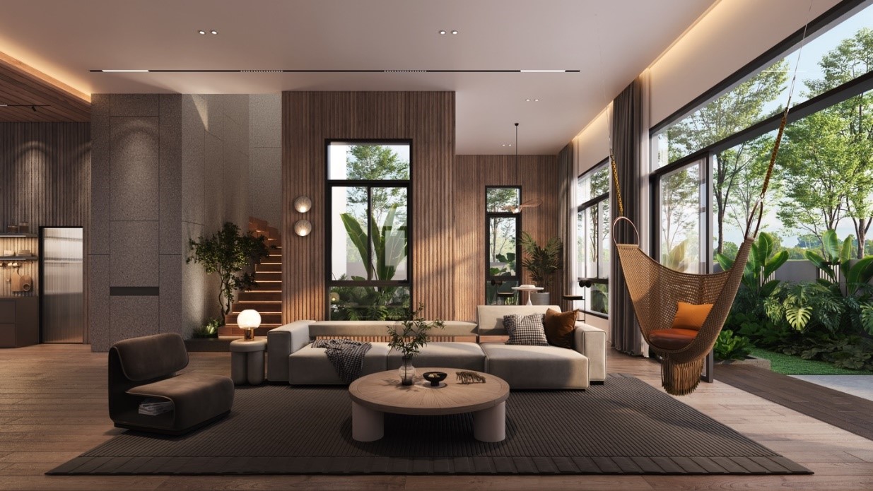 Phối cảnh ph&ograve;ng kh&aacute;ch tại căn biệt thự thuộc dự &aacute;n The Meadow.