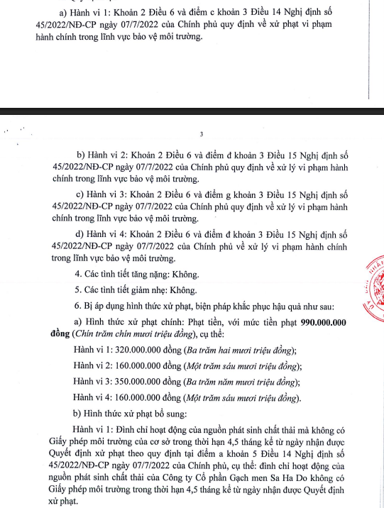Quyết định xử phạt chỉ r&otilde; 4 h&agrave;nh vi vi phạm m&ocirc;i trường của C&ocirc;ng ty C&ocirc;ng ty Cổ phần Gạch men Sa Ha Do.
