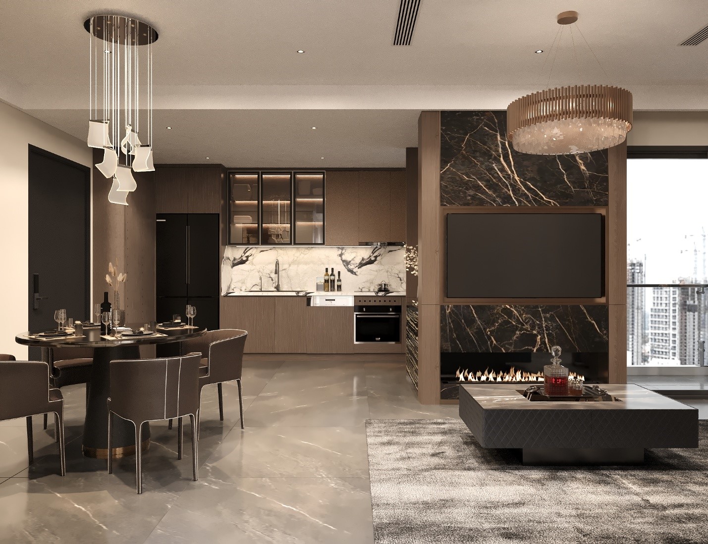 Phối cảnh 3D Phòng khách tại căn hộ bàn giao Kepler Tower HH-02.