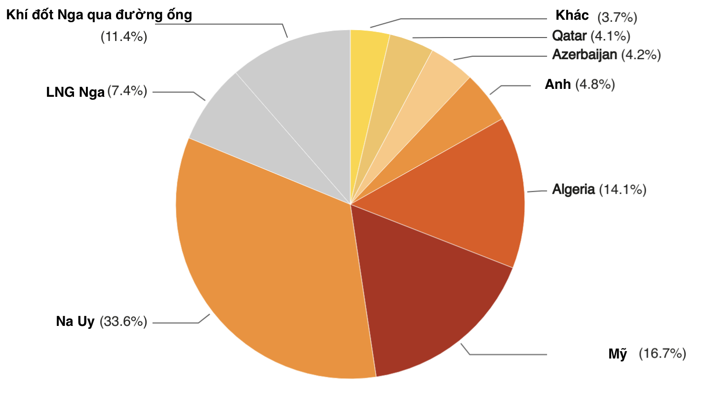 C&aacute;c nguồn cung ứng kh&iacute; đốt nhập khẩu của EU trong năm 2024 - Nguồn: Reuters.