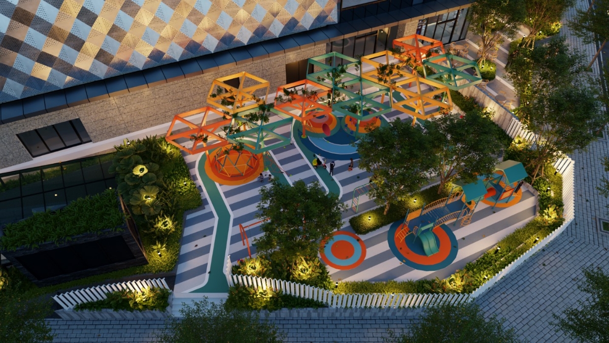 Phối ảnh 3D khu vui chơi trẻ em nội khu.